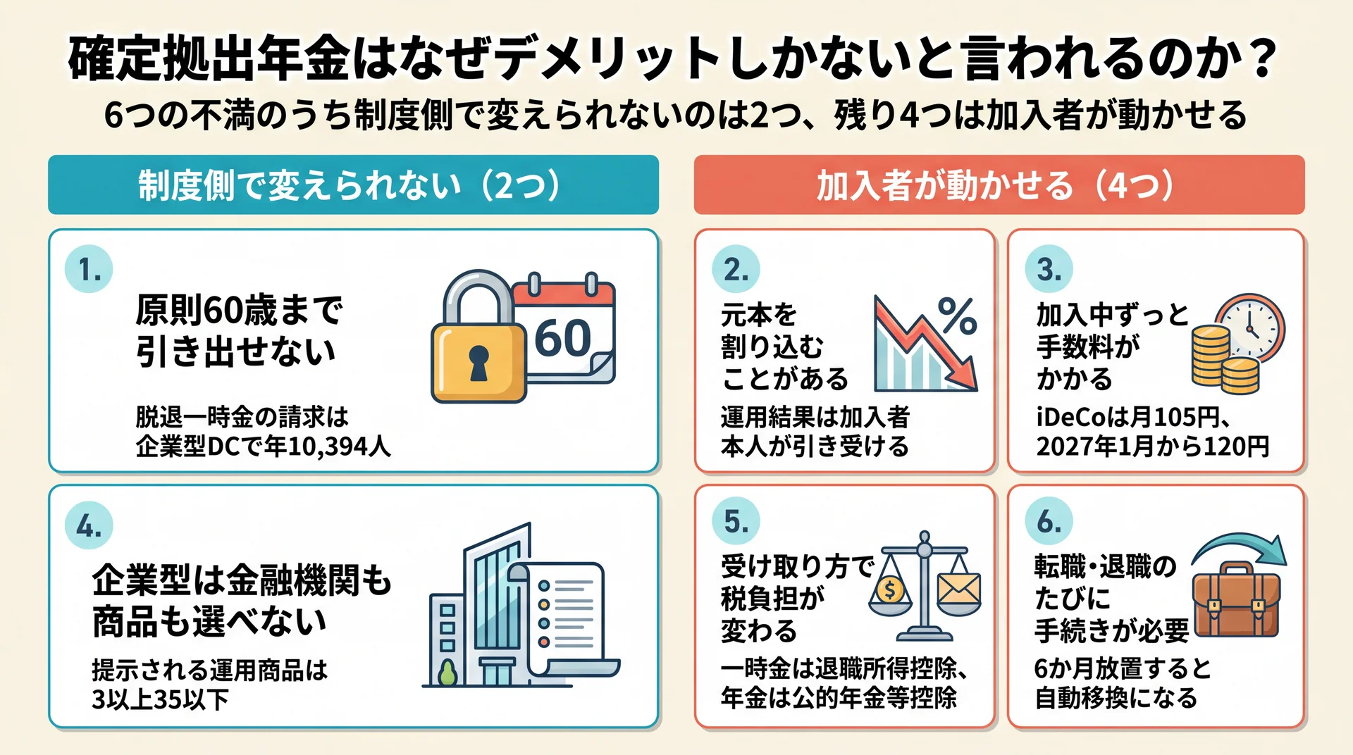 6つのデメリットを制度側で変えられない2つと加入者が動かせる4つに分けて整理した図