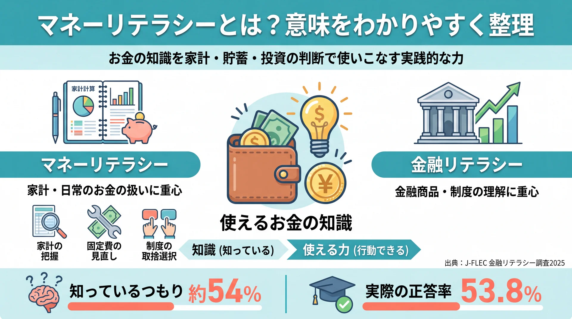 お金の知識を使う力としてのマネーリテラシーを、金融リテラシーとの重心の違いと知識・実力のギャップで整理した概念図