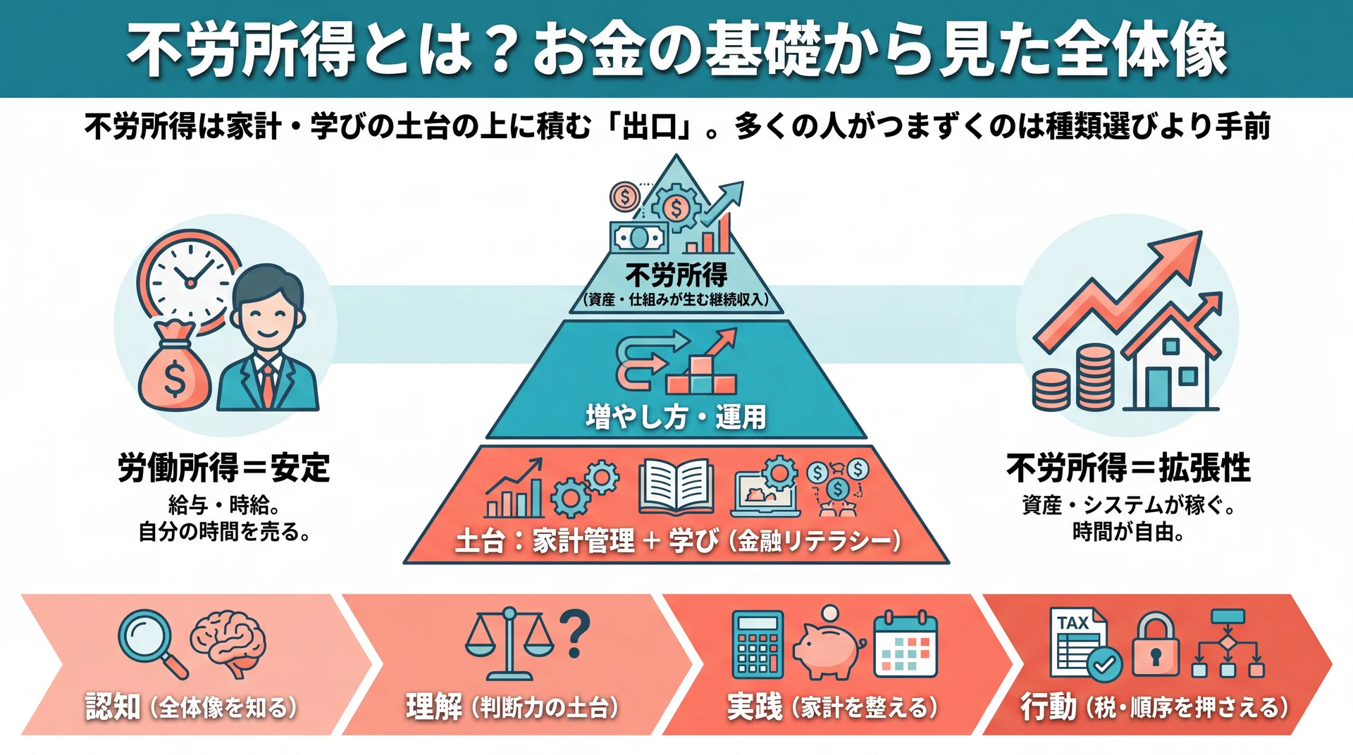 家計・学びを土台に不労所得を出口として積む三層構造と、認知→理解→実践→行動の4段階で進む全体像を示した図