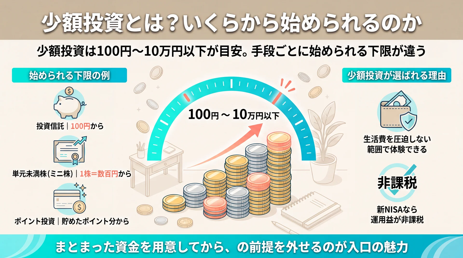 投資信託100円・単元未満株1株数百円・ポイント投資はポイント分から始められ、目安は100円〜10万円以下と示した少額投資の入口早見図
