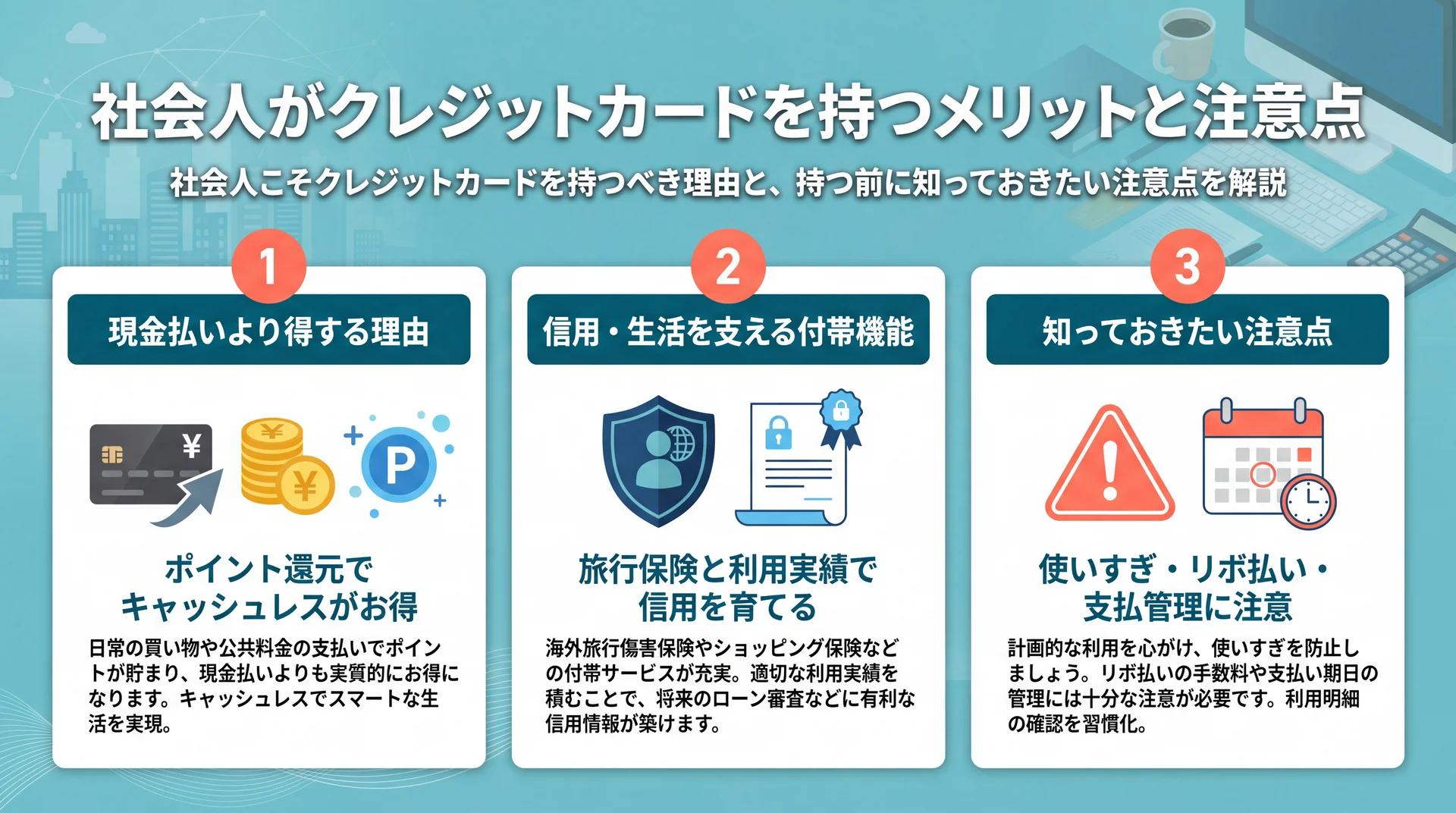 クレジットカードのポイント還元・付帯保険・注意点をまとめた3つのインフォグラフィック