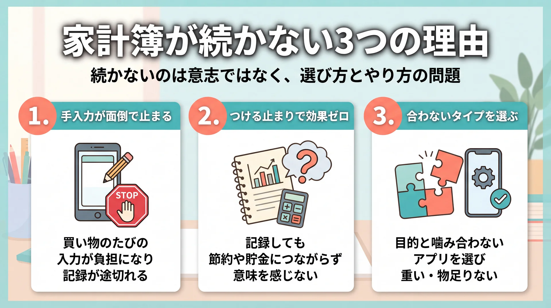 家計簿が続かない3つの理由を表すイメージ図