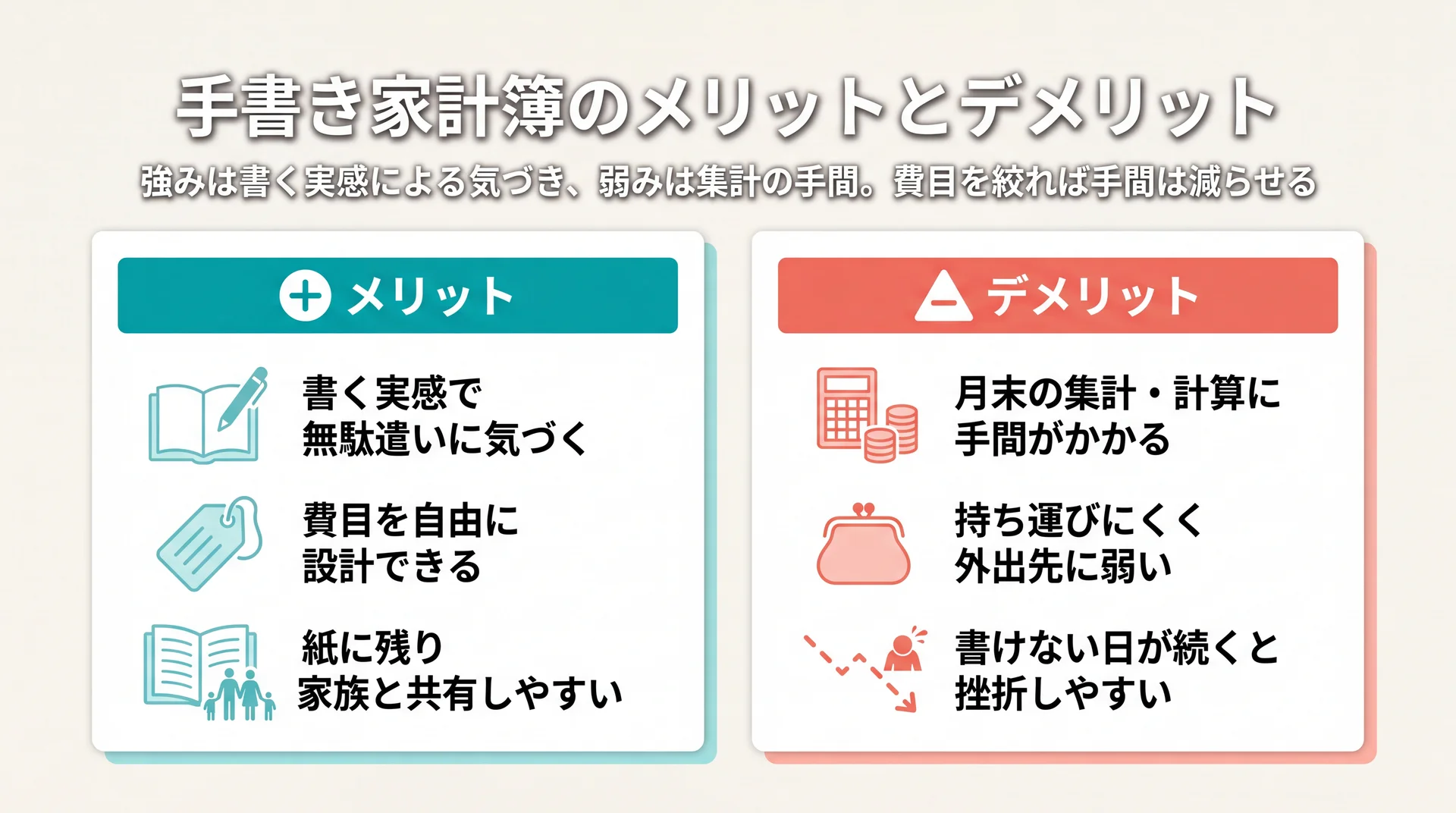 手書き家計簿のメリット3点（書く実感の気づき・費目の自由設計・紙に残り共有）とデメリット3点（集計の手間・持ち運び不便・挫折しやすさ）を同じ大きさで対比した図