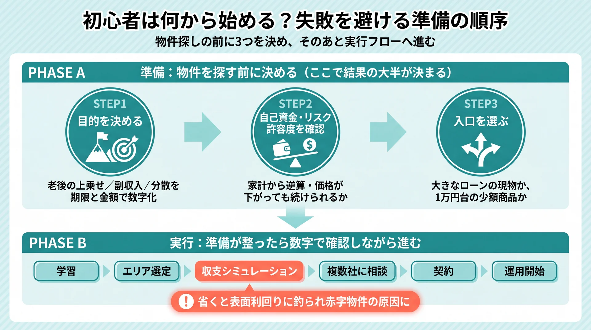 物件探しの前に目的・自己資金・リスク許容度を決め、その後に学習から運用開始までの実行フローへ進む準備の順序を示した図