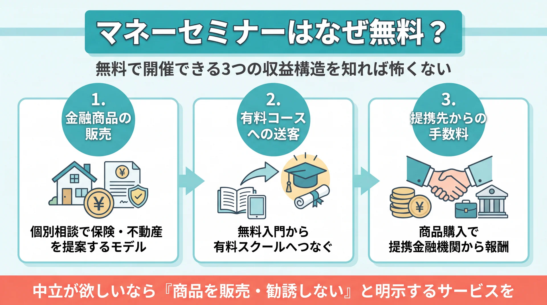 無料マネーセミナーが成立する3つの収益構造を示す図解
