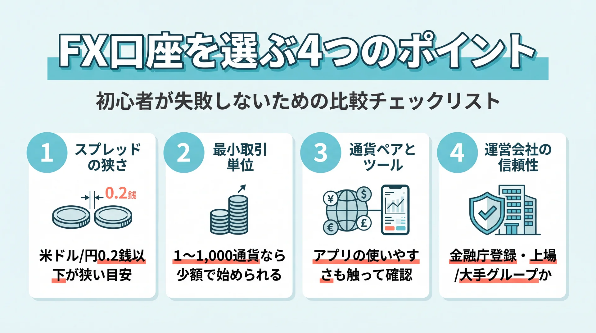 スプレッド・最小取引単位・通貨ペア・信頼性の4つの比較軸を示す図解