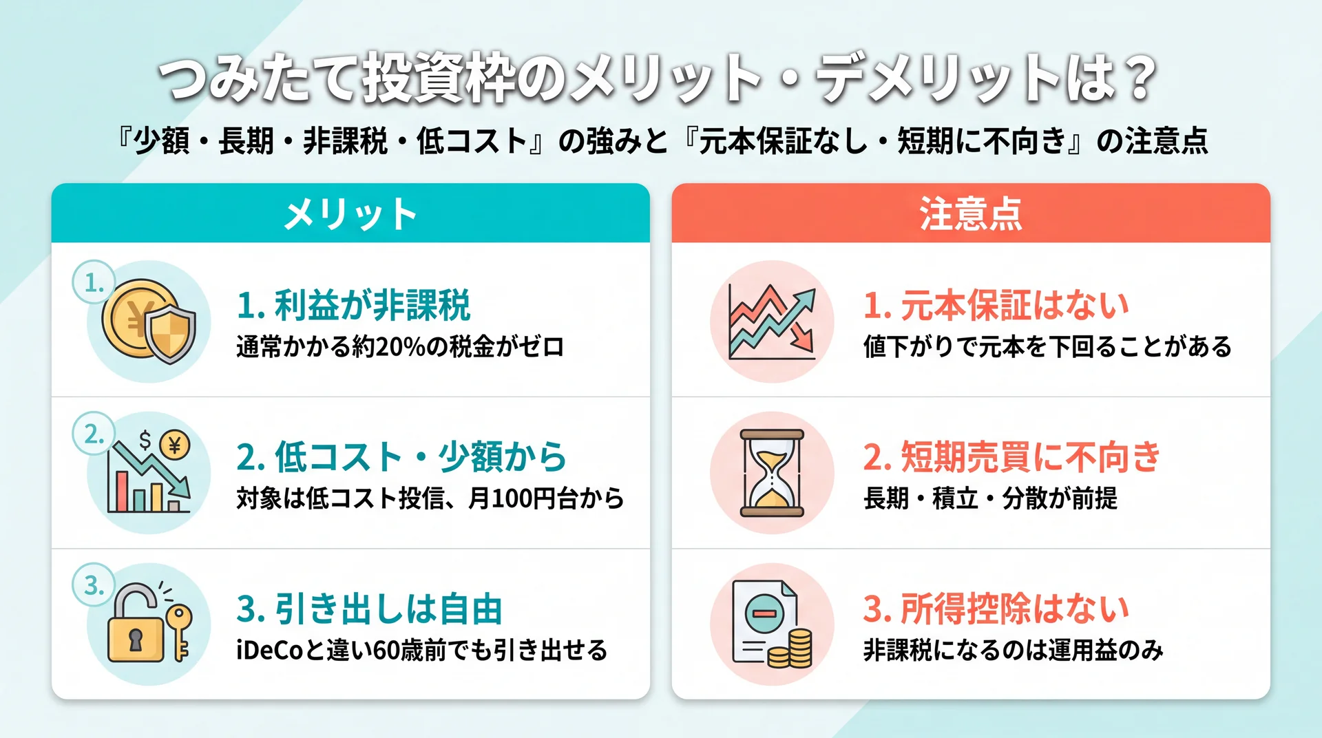 非課税・低コスト・引き出し自由の強みと元本保証なし・短期不向き・所得控除なしの注意点を同数で対比した図