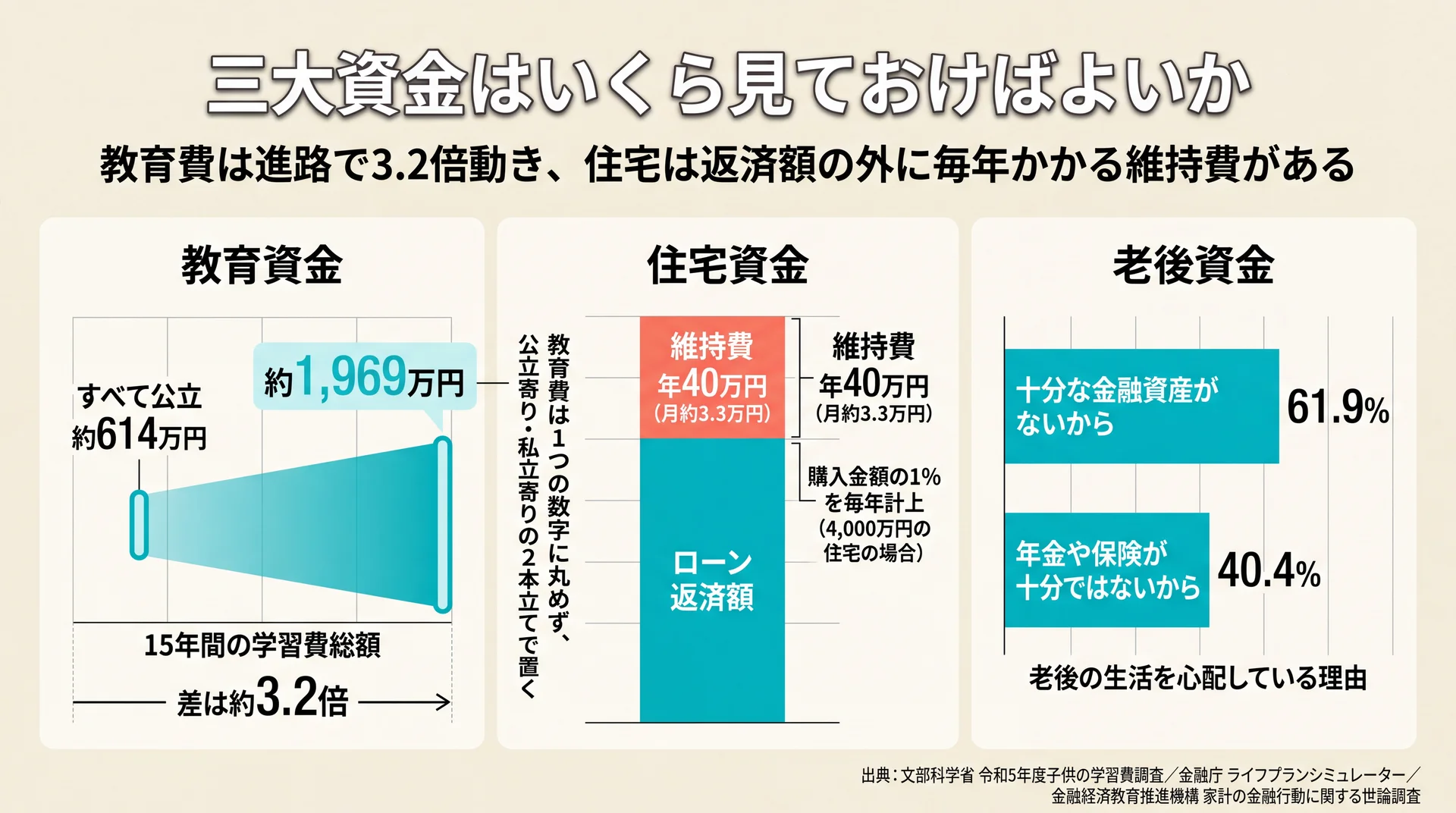 15年間の学習費が約614万円から約1,969万円まで3.2倍動く教育費、購入金額1%の住宅維持費、老後不安の理由割合を並べた三大資金の目安図