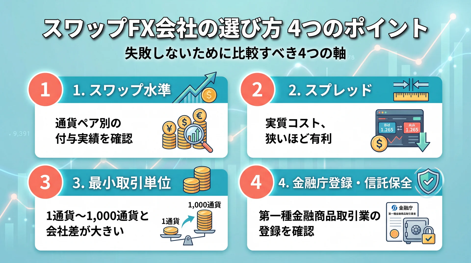 スワップFX会社選びで比較すべき4つの軸を示した図解