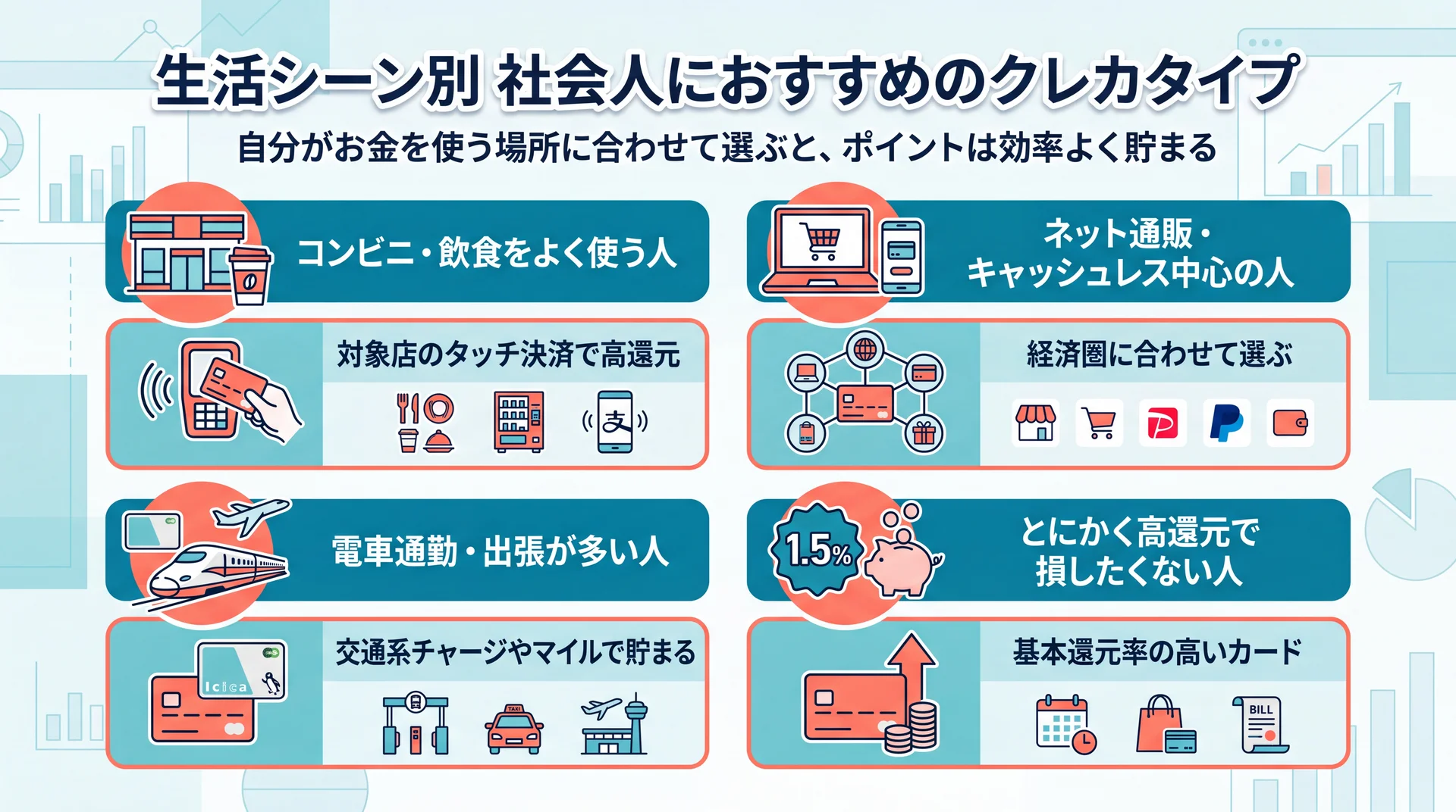 生活シーン別におすすめのクレジットカードタイプを示す4分割の図解