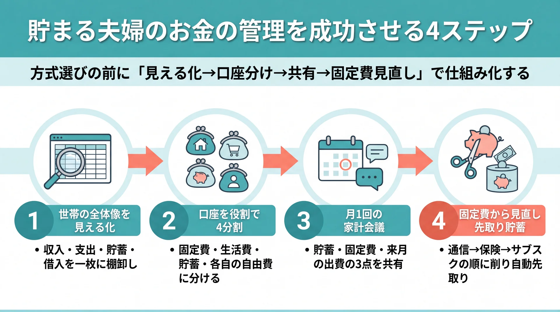 見える化・口座4分割・月1家計会議・固定費見直しという貯まる夫婦の家計管理4ステップを示したフロー図