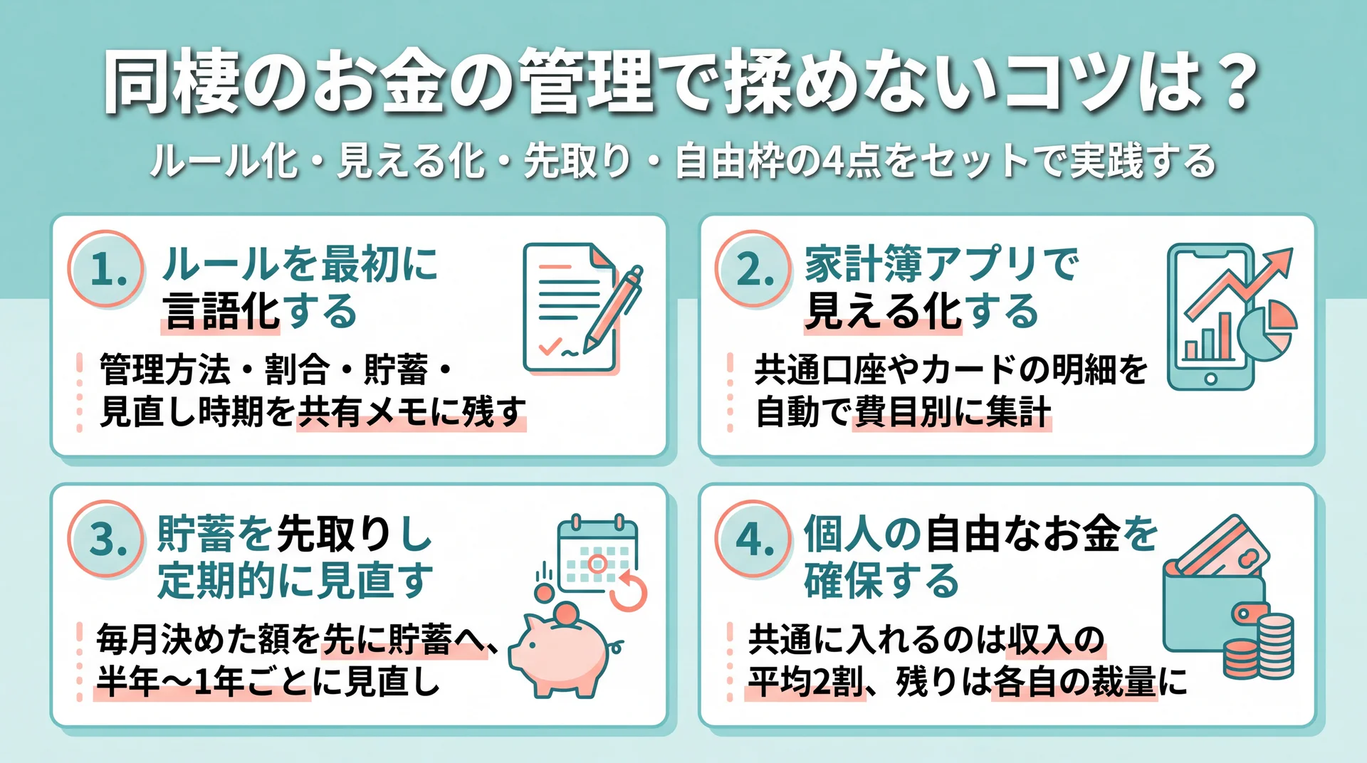 揉めないための4つのコツ（ルール化・見える化・先取り貯蓄・自由枠の確保）を整理した図