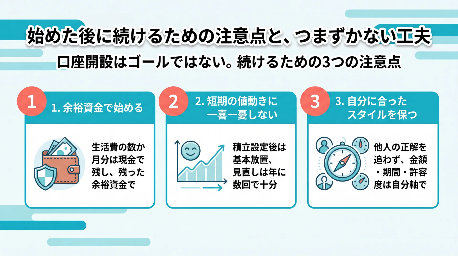 余裕資金で始める・短期の値動きに一喜一憂しない・自分に合ったスタイルを保つという、NISAを続けるための3つの注意点を整理した図