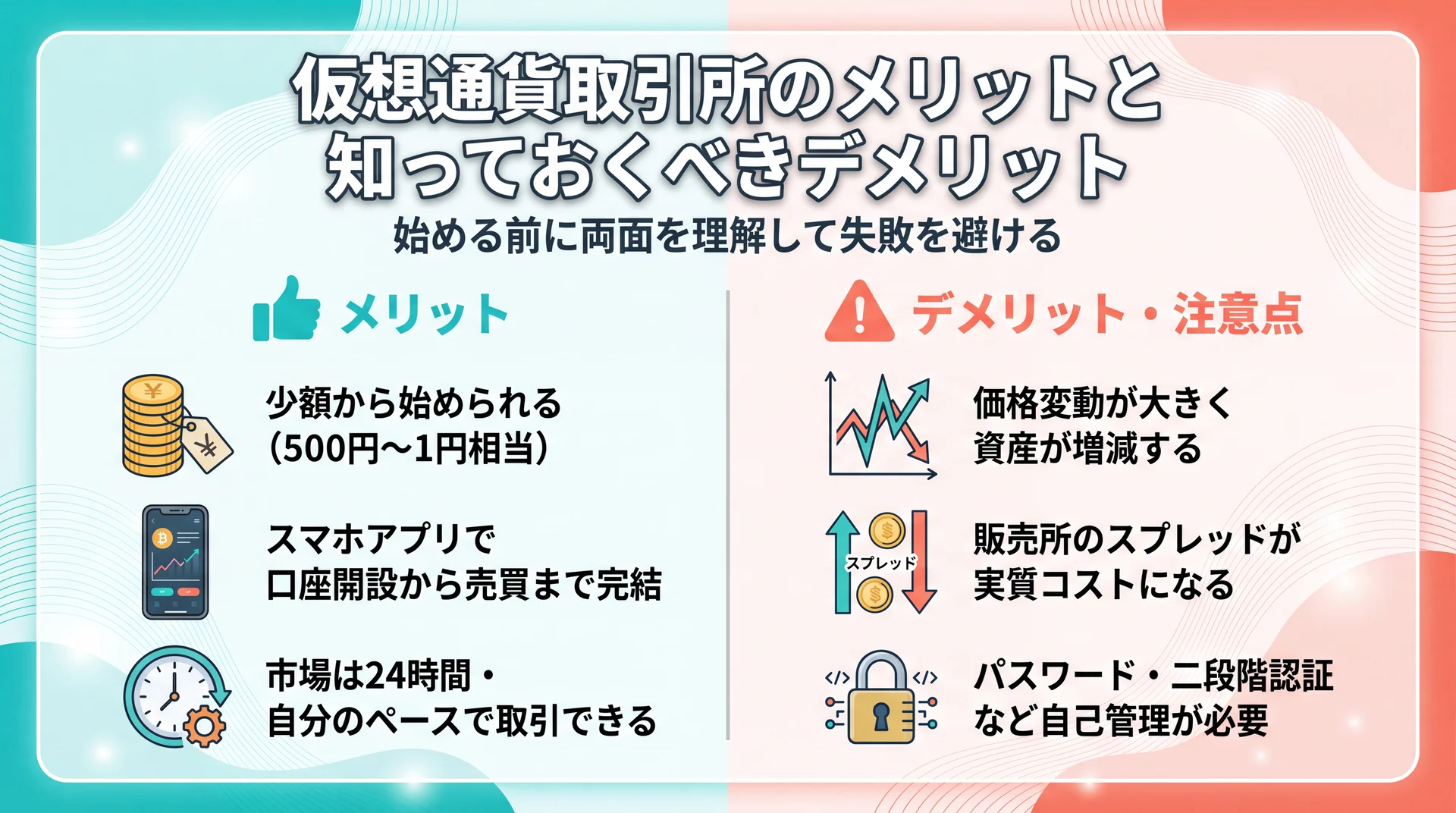 仮想通貨取引所のメリットと注意点を整理したイメージ図