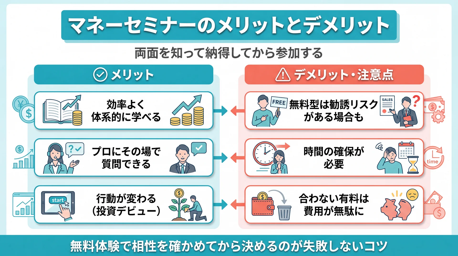マネーセミナー参加のメリットとデメリットを対比した図解