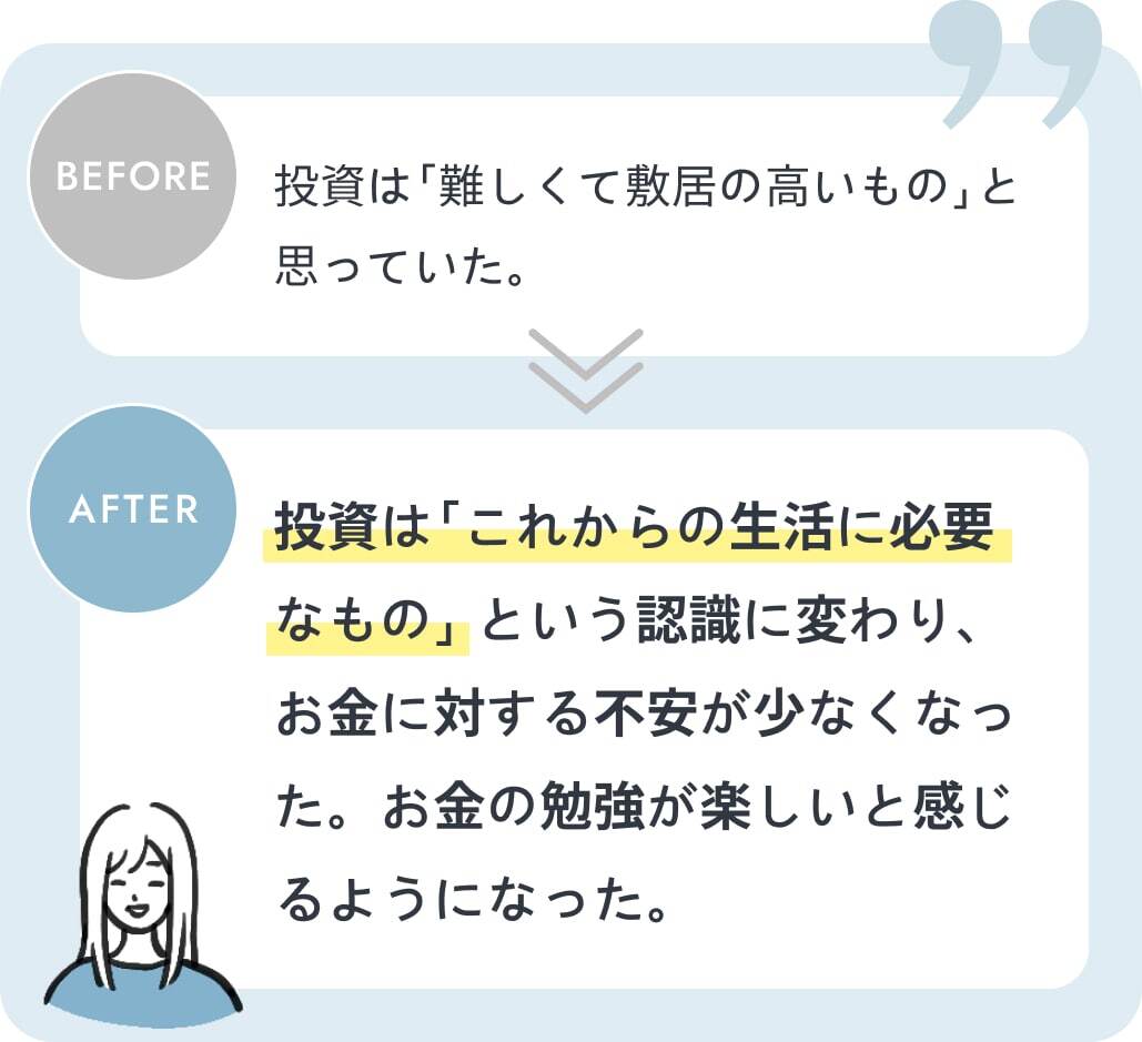 投資は「これからの生活に必要なもの」という認識に変わり、お金に対する不安が少なくなった。お金の勉強が楽しいと感じるようになった。