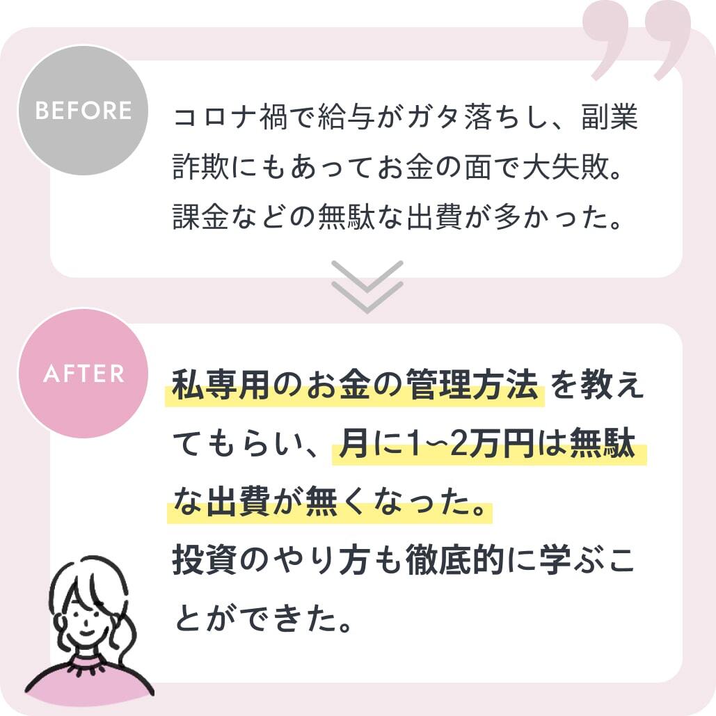 私専用のお金の管理方法を教えてもらい、月に1〜2万円は無駄な出費が無くなった。投資のやり方も徹底的に学ぶことができた。