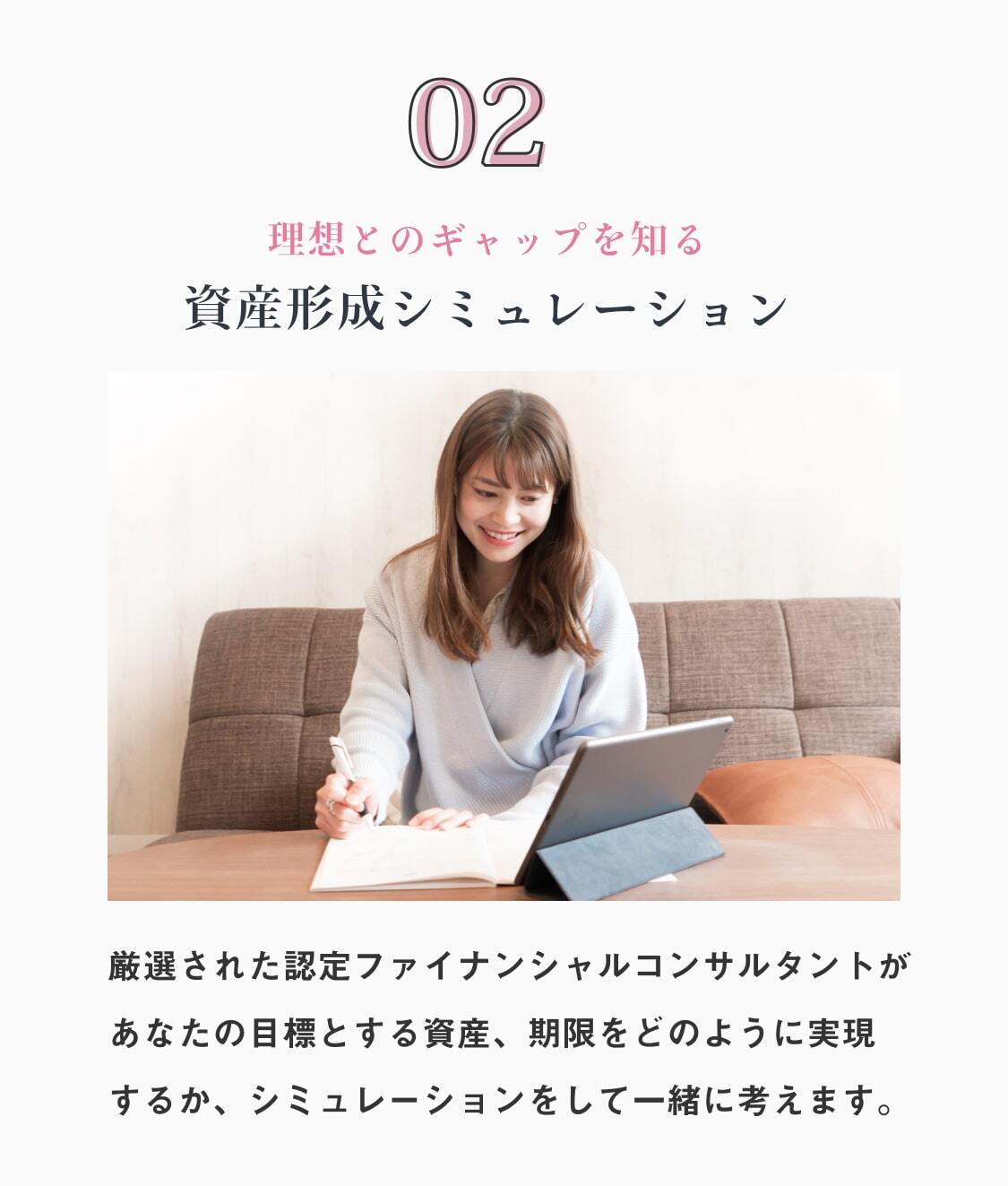 02.理想とのギャップを知る 資産形成シミュレーション 厳選された認定ファイナンシャルコンサルタントがあなたの目標とする資産、期限をどのように実現するか、シミュレーションをして一緒に考えます。